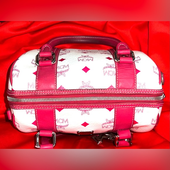 Red and White MCM Small Boston Satchel Bag w/ Brown Suede liner. MCM Monogram - Picture 4 of 16